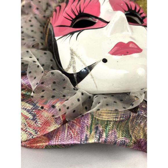 Vintage 1980s Mardi Gras Wall Mask 8" Pink Style Wall Hanging Decor Fabric - Picture 10 of 14
